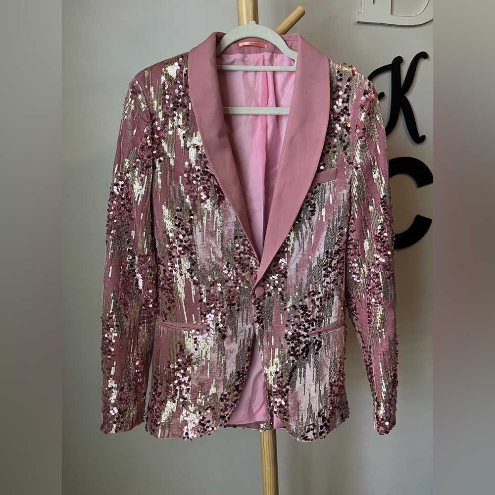 Boohoo Men’s Pink Velvet Sequins Blazer Suit Jacket size 38 Prom Formal - Picture 2 of 6